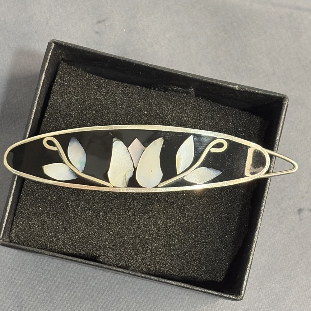 Vintage Alpaca And Mother Of Pearl Silver Hair Barrette Made In Mexico